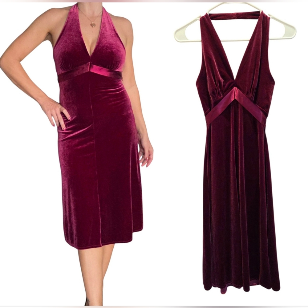BCBG Burgundy Velvet Halter‎ Dress Satin Ribbon XS Cocktail Holiday Y2K Whimsy